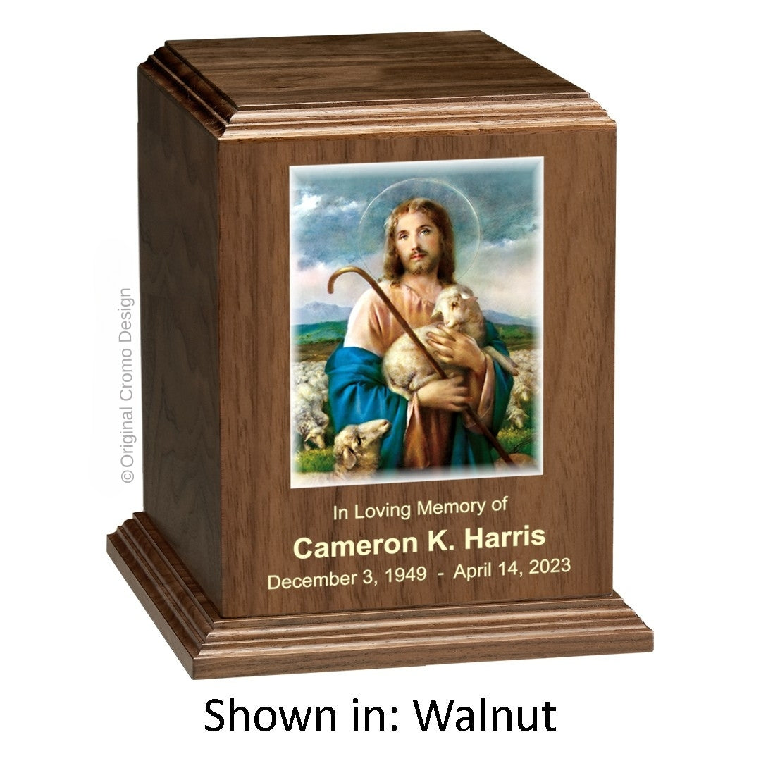 Catholic cremation urn with Jesus Praying Wood finish by Cromo NB