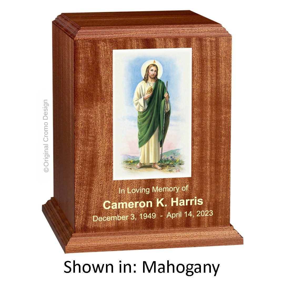 Catholic cremation urn with Saint Jude Wood finish by Cromo NB