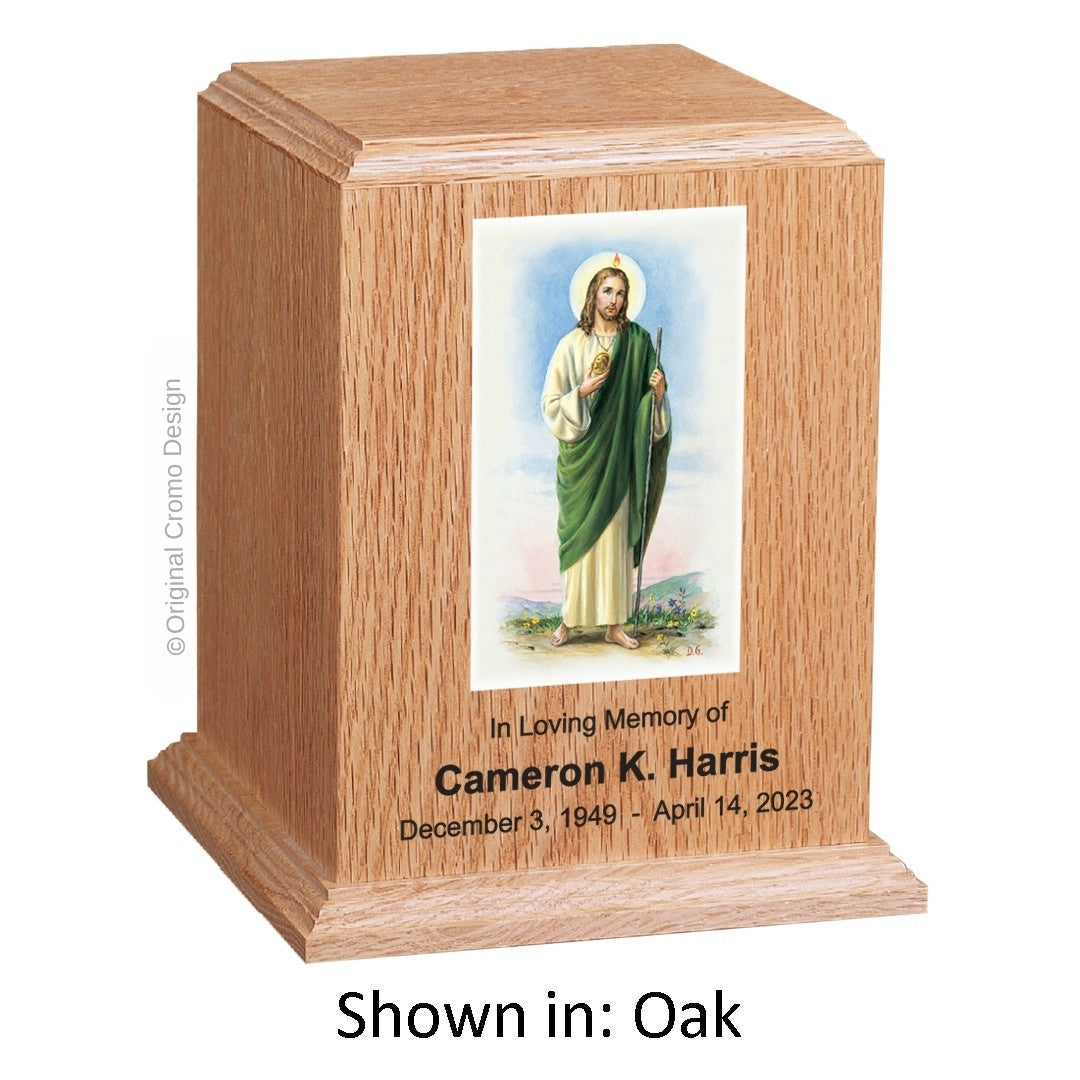 Catholic cremation urn with Jesus Shepherd Wood finish by Cromo NB