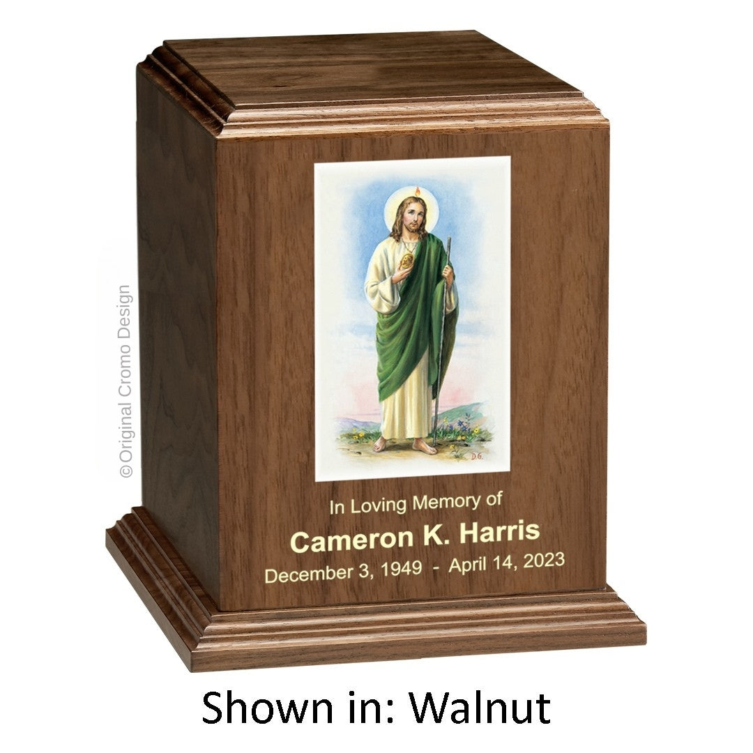 Catholic cremation urn with Jesus Shepherd Wood finish by Cromo NB