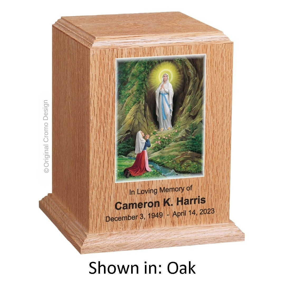 Catholic cremation urn with Sacred Heart of Jesus Wood finish by Cromo NB