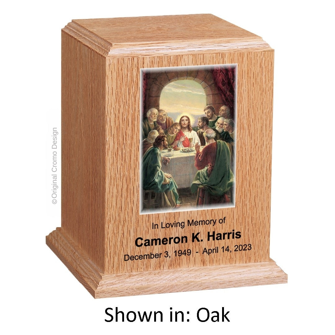 Catholic cremation urn with Saint Therese Wood finish by Cromo NB