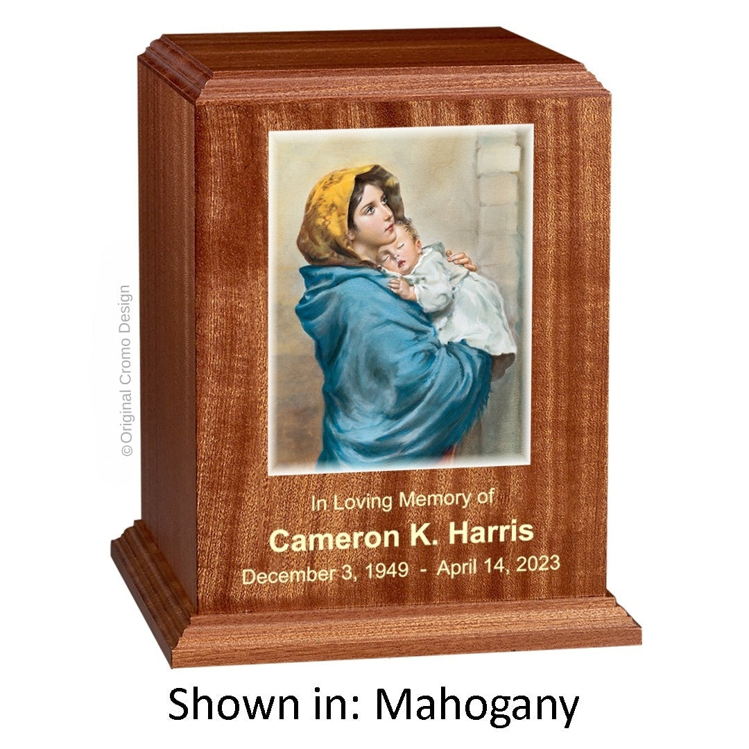 Catholic cremation urn with Our Lady of Lourdes Wood finish by Cromo NB