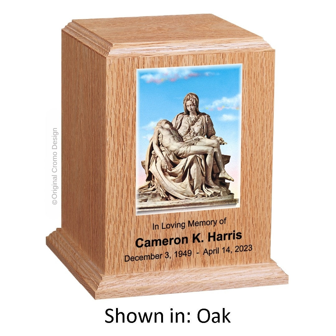 Catholic cremation urn with Our Lady of Lourdes Wood finish by Cromo NB