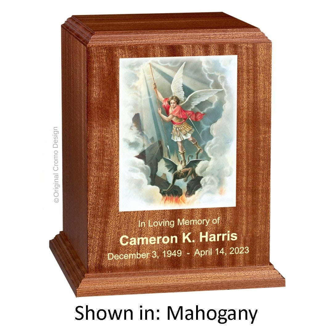 Catholic cremation urn with Madonna of The Street Wood finish by Cromo NB