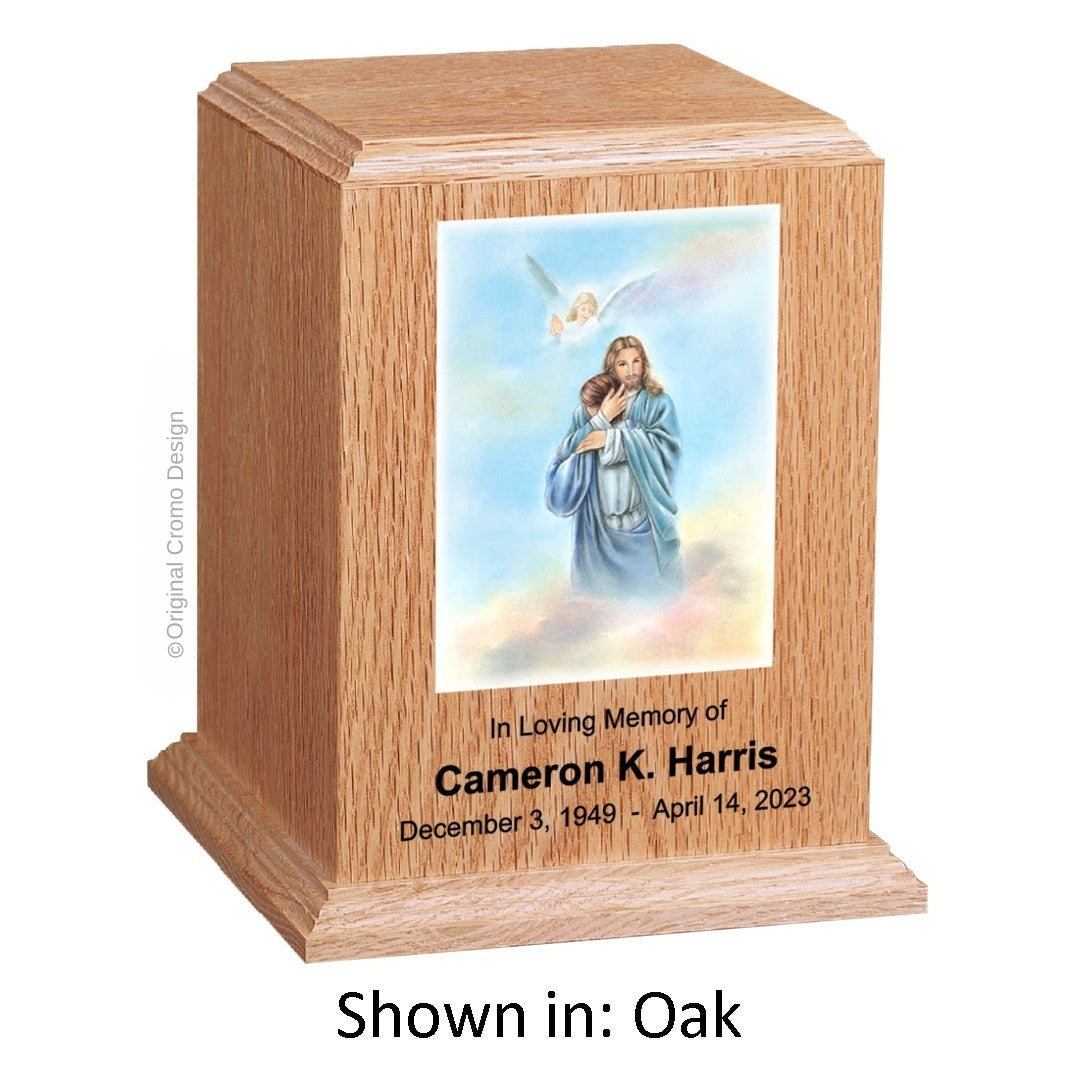Catholic cremation urn with Saint Michael Archangel Wood finish by Cromo NB