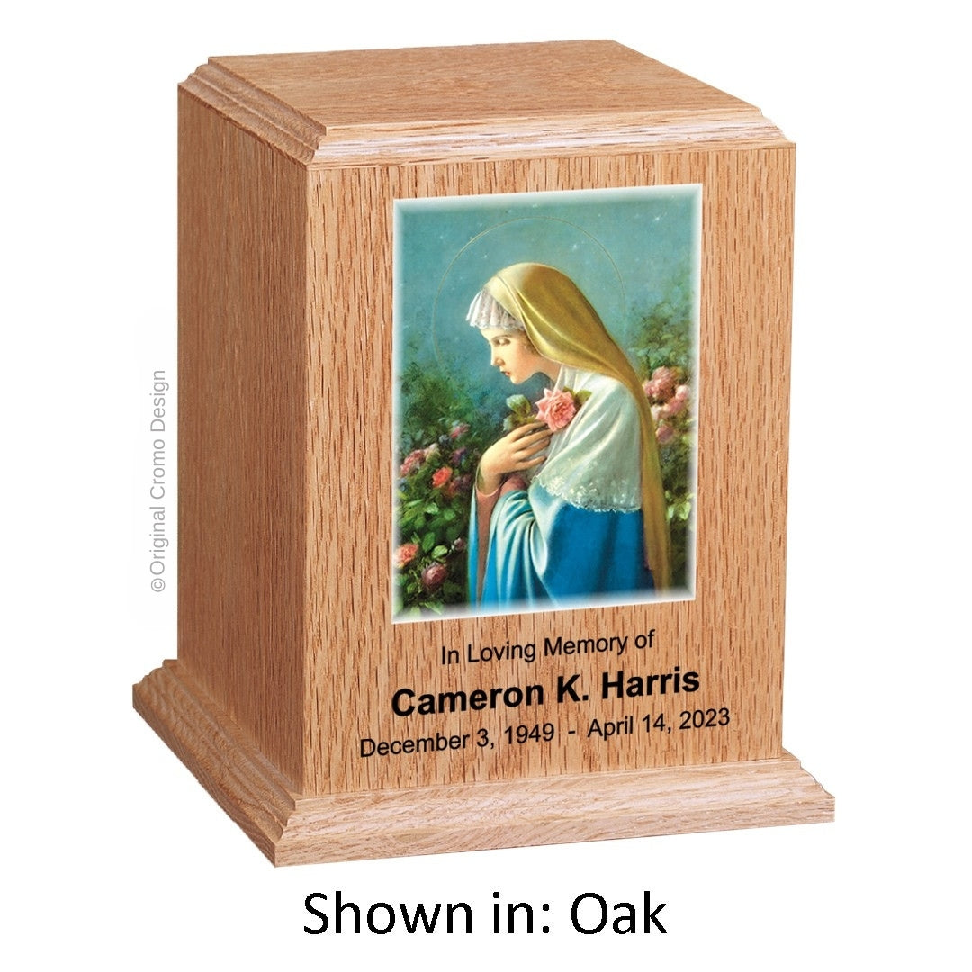 Catholic cremation urn with Our Lady of the Rosary Wood finish by Cromo NB