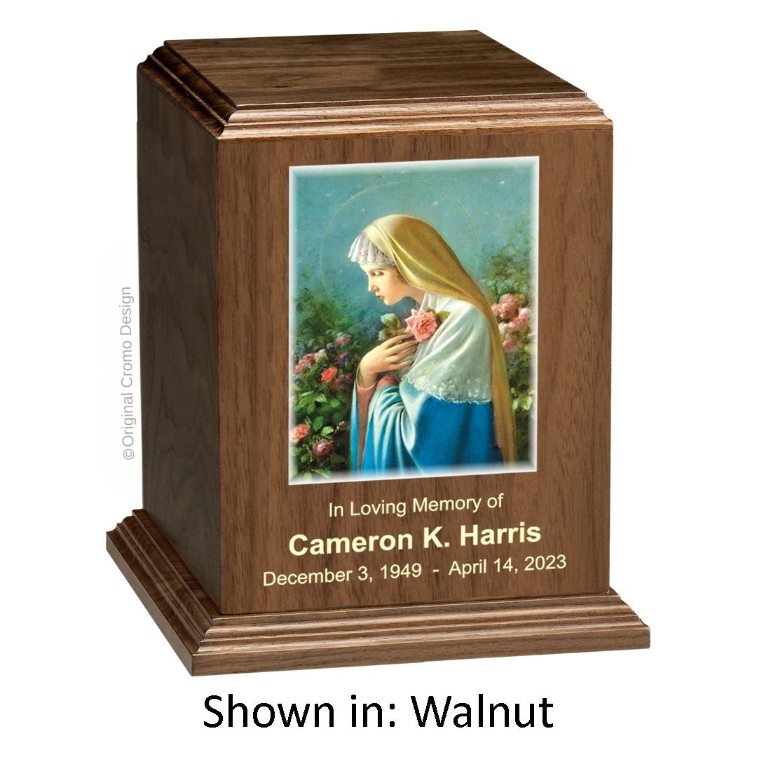 Catholic cremation urn with Saint Patrick Wood finish by Cromo NB