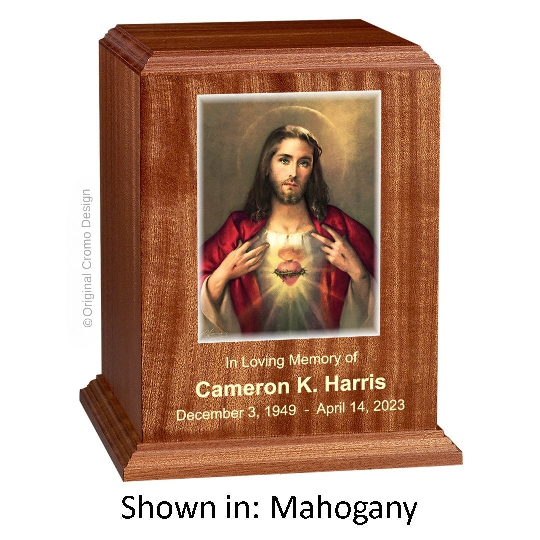 Catholic cremation urn with Paradise Jesus Hugging Wood finish by Cromo NB