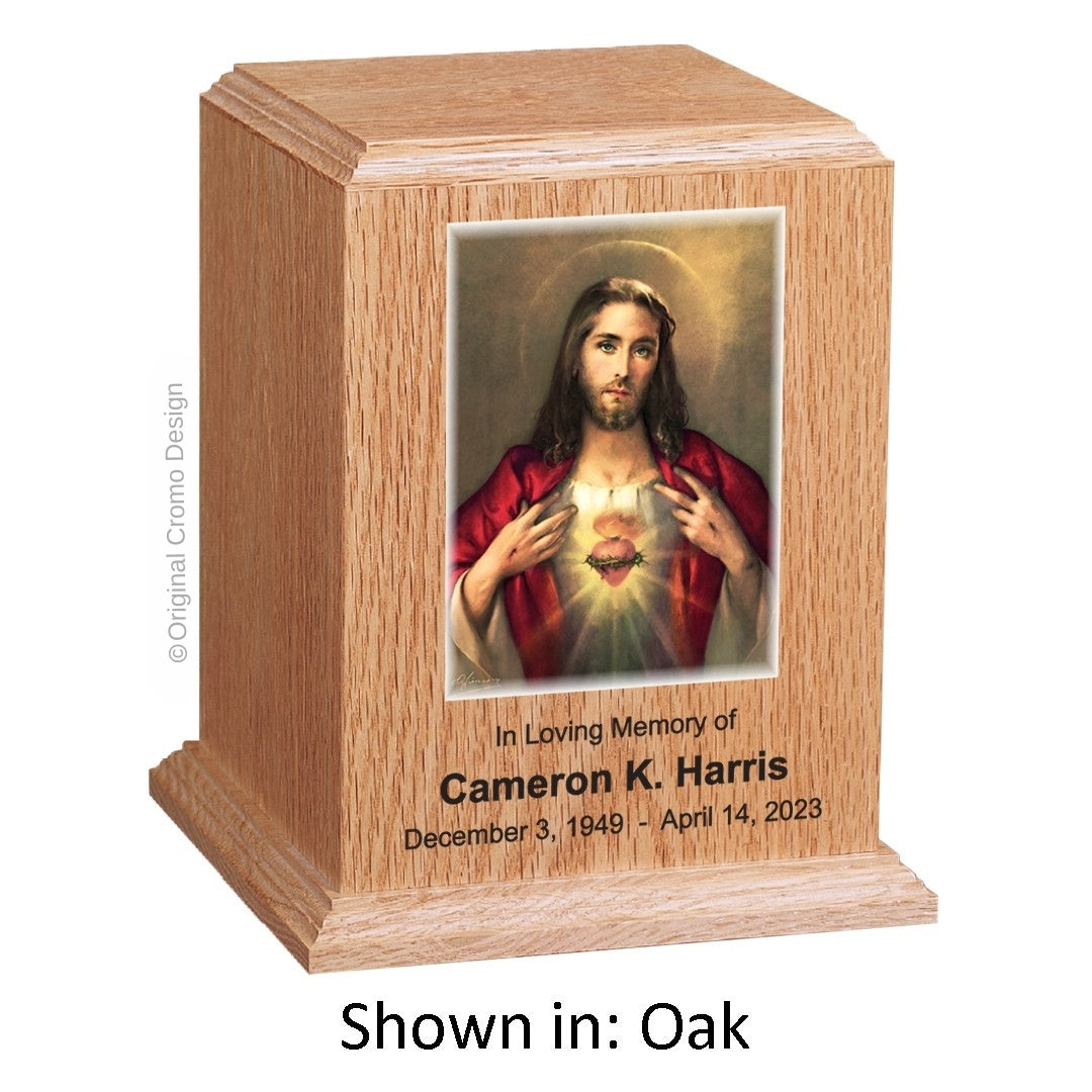 Catholic cremation urn with Saint Patrick Wood finish by Cromo NB