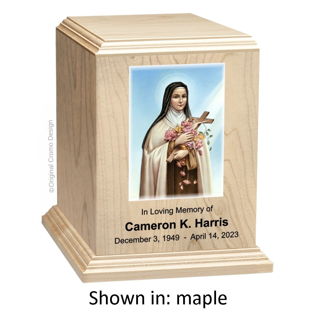 Catholic cremation urn with Paradise Jesus Hugging Wood finish by Cromo NB