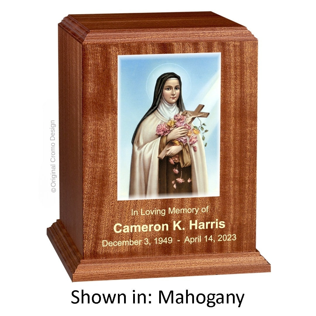 Catholic cremation urn with Mystical Rose Wood finish by Cromo NB