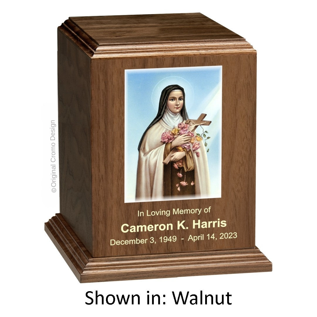 Catholic cremation urn with Mystical Rose Wood finish by Cromo NB
