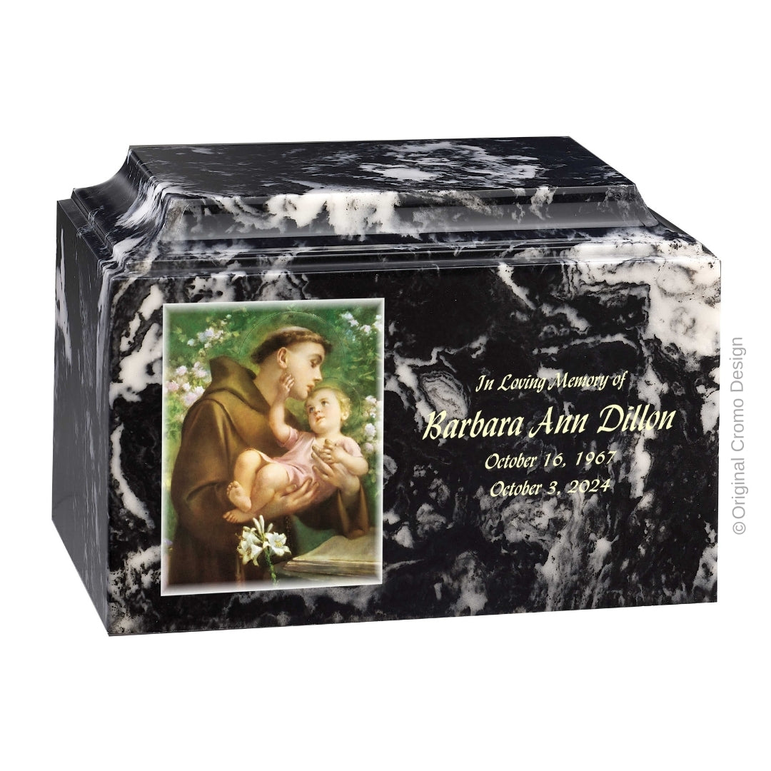 Catholic cremation urn with Saint Anthony Black finish by Cromo NB
