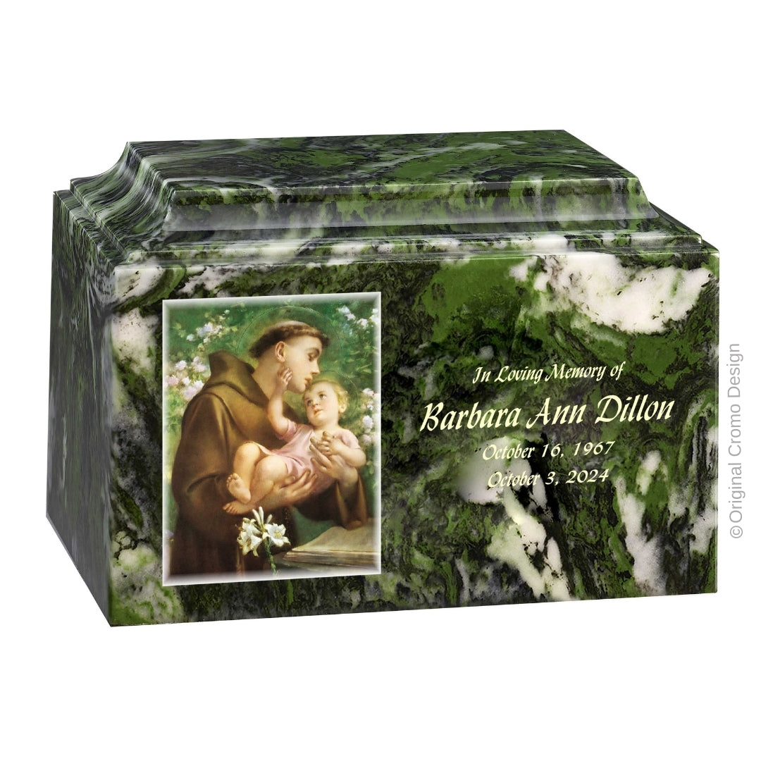 Catholic cremation urn with Saint Anthony Green finish by Cromo NB