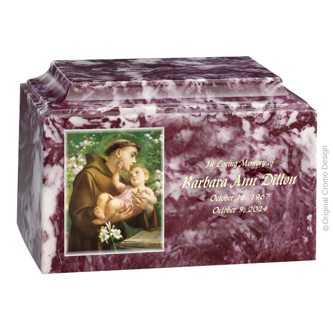 Catholic cremation urn with Saint Anthony Merlot finish by Cromo NB