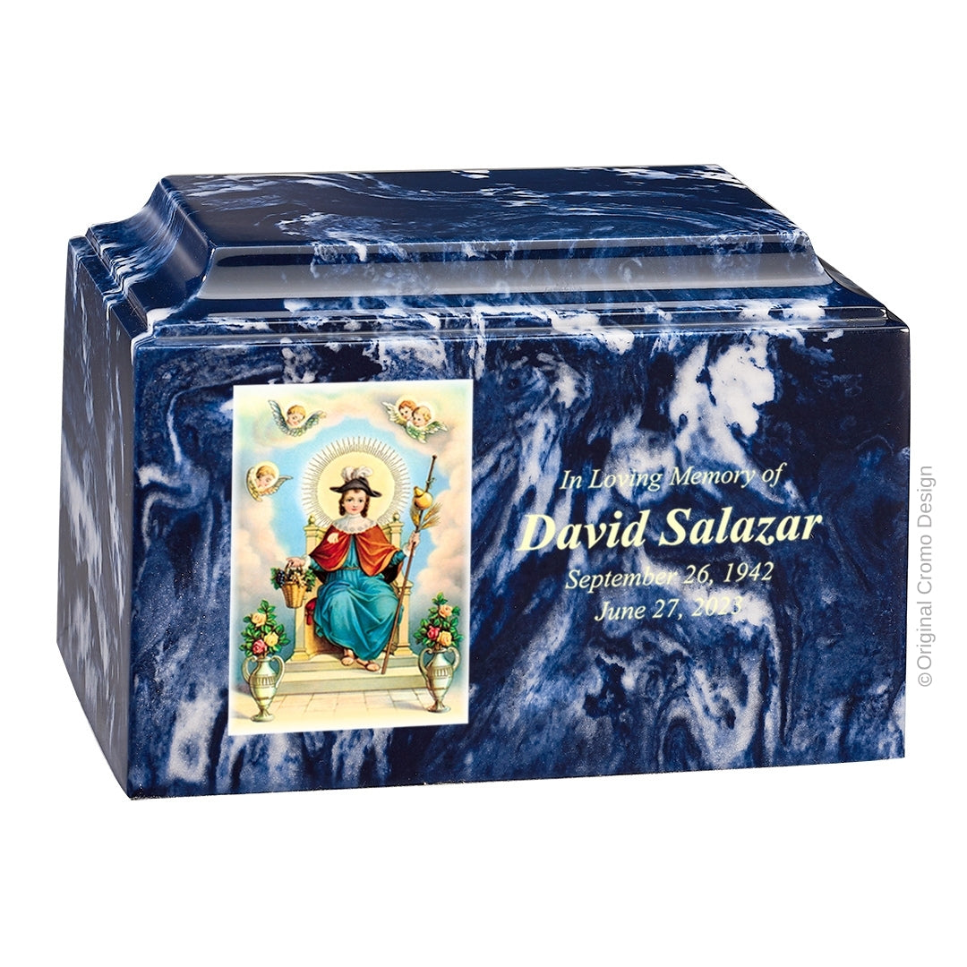 Catholic cremation urn with Child of Atocha Wood finish by Cromo NB