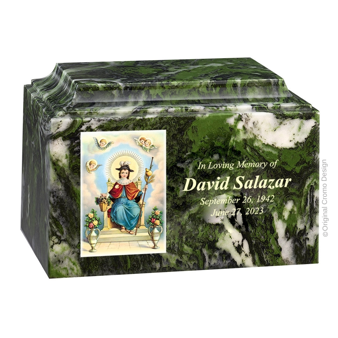 Catholic cremation urn with Child of Atocha Wood finish by Cromo NB