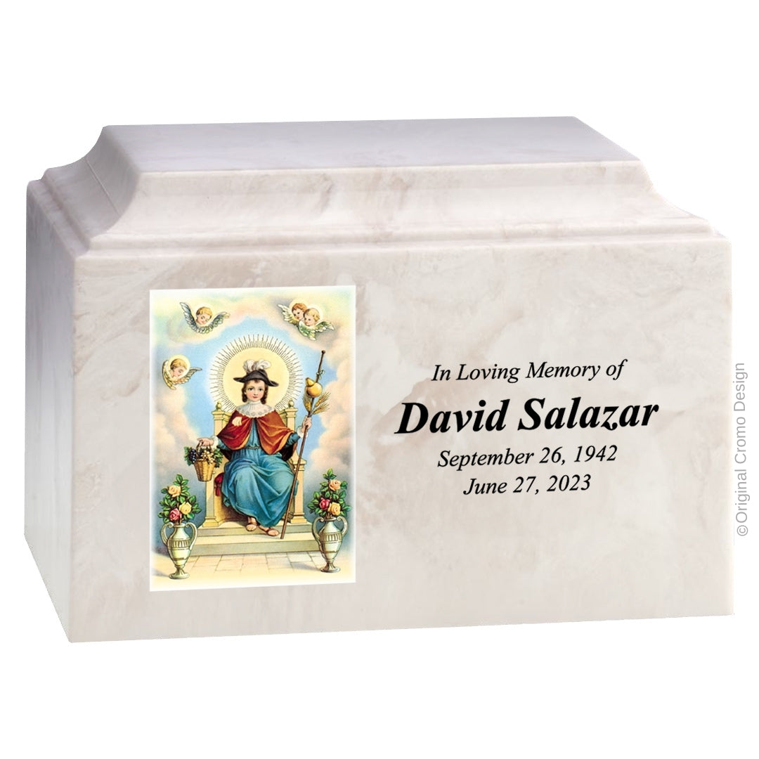 Catholic cremation urn with Child of Atocha Wood finish by Cromo NB