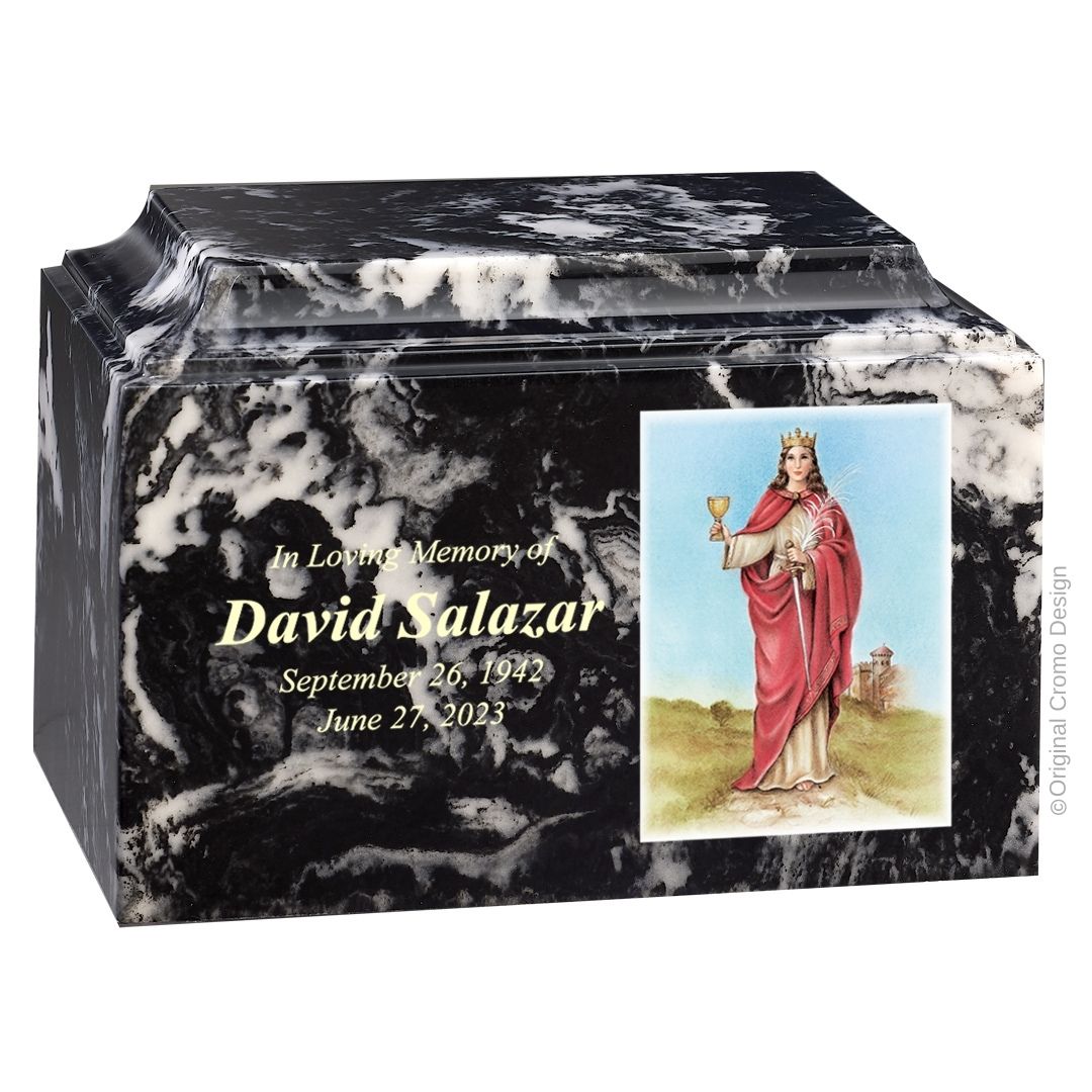 Catholic cremation urn with Our Lady of Santa Barbara Wood finish by Cromo NB