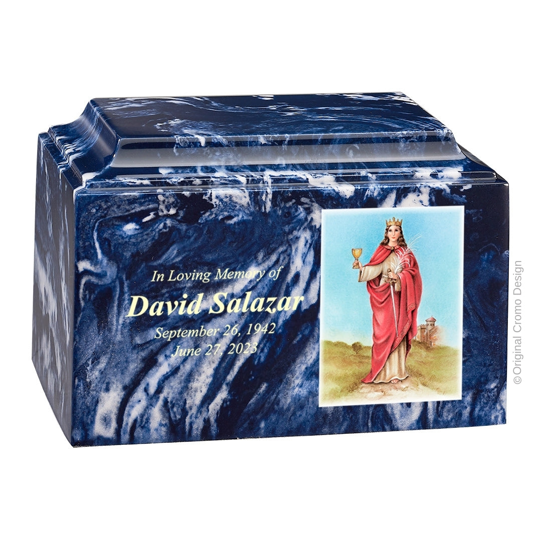 Catholic cremation urn with Our Lady of Santa Barbara Wood finish by Cromo NB