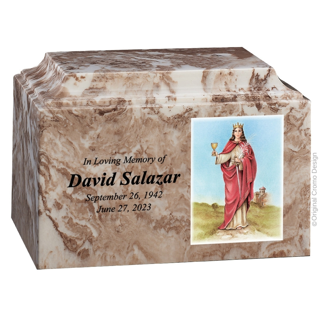 Catholic cremation urn with Our Lady of Santa Barbara Wood finish by Cromo NB
