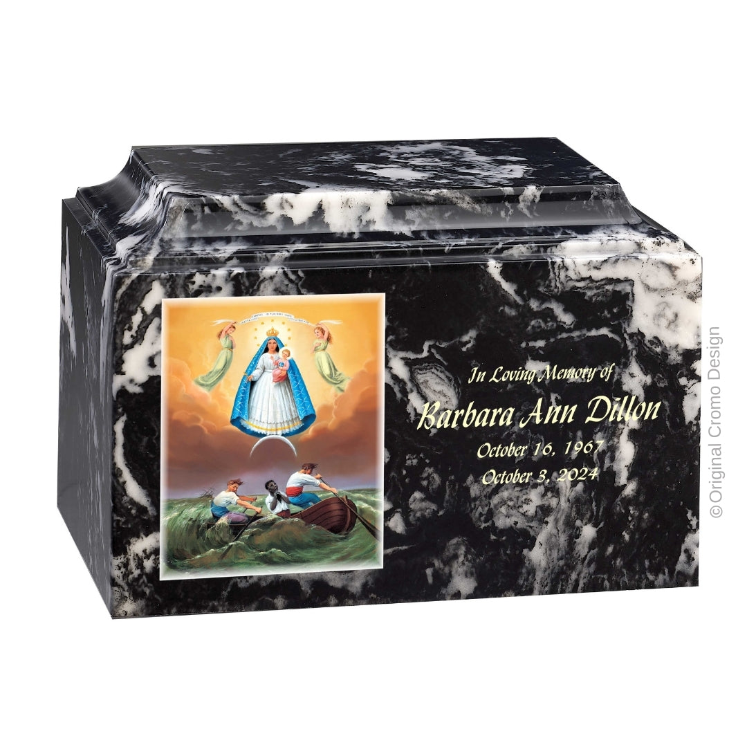 Catholic cremation urn with Our Lady of Charity Wood finish by Cromo NB