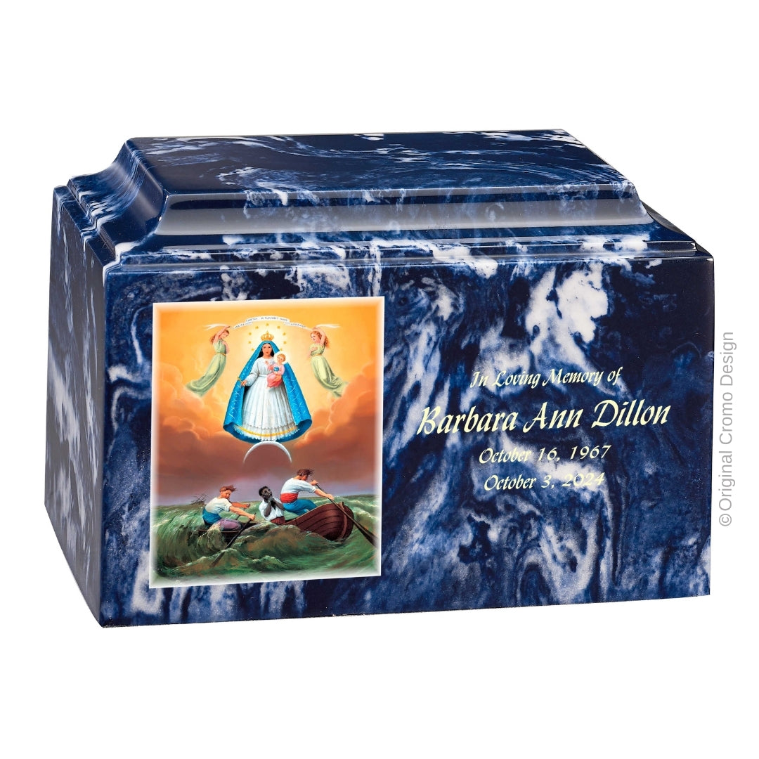 Catholic cremation urn with Our Lady of Charity Wood finish by Cromo NB