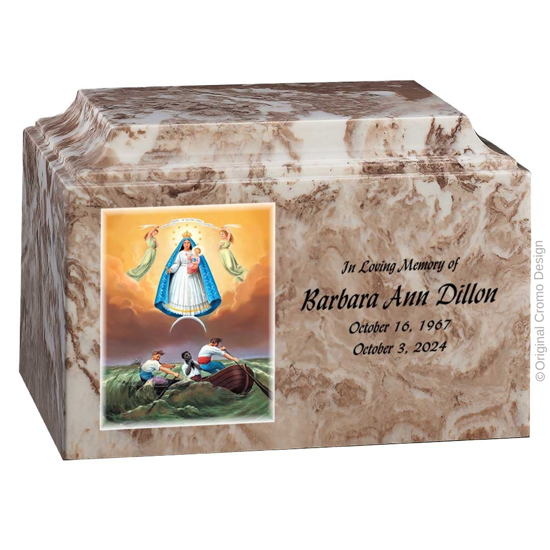 Catholic cremation urn with Our Lady of Charity Wood finish by Cromo NB