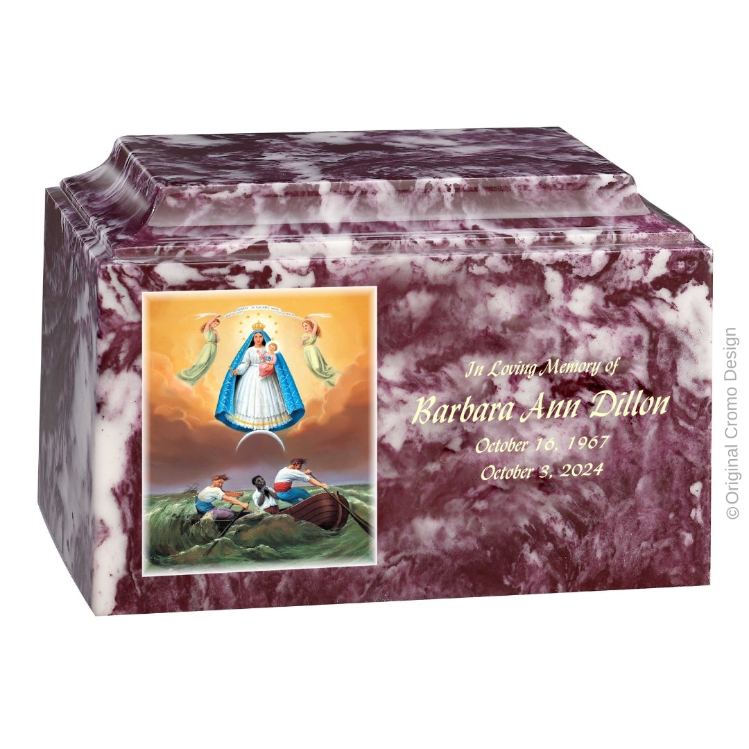 Catholic cremation urn with Our Lady of Charity Wood finish by Cromo NB