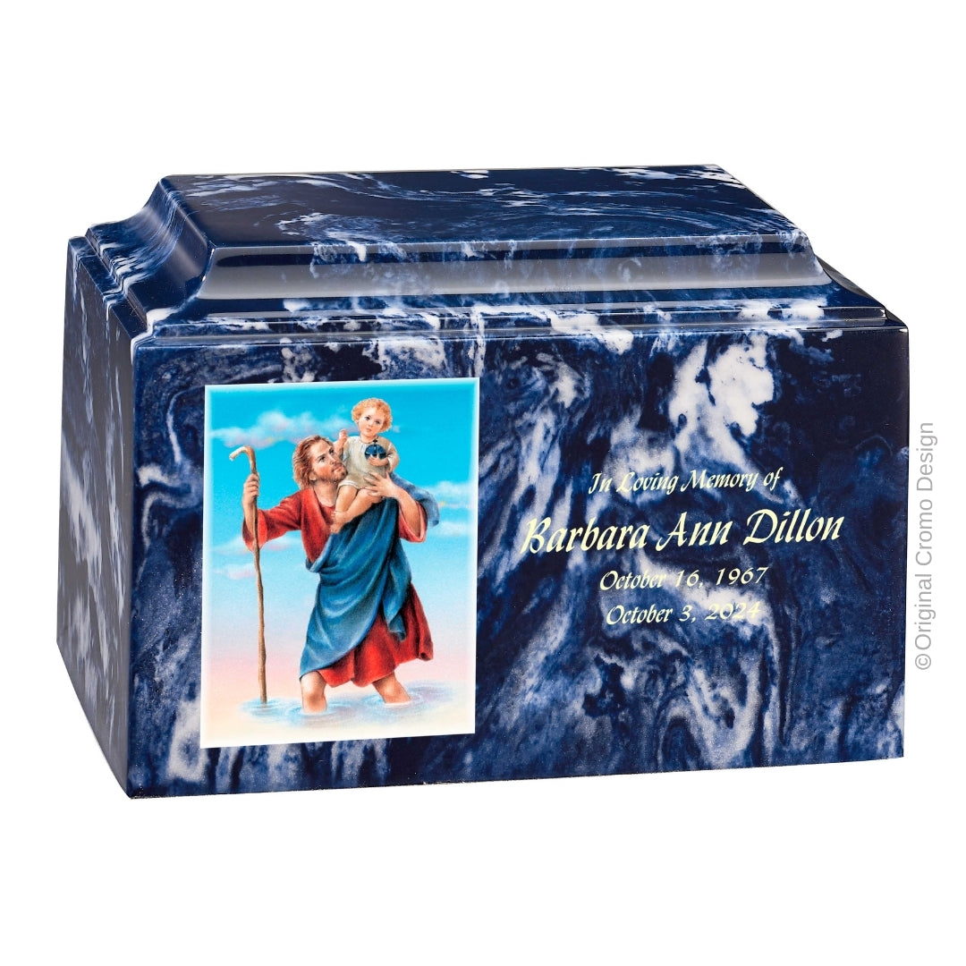Catholic cremation urn with Saint Christopher Wood finish by Cromo NB