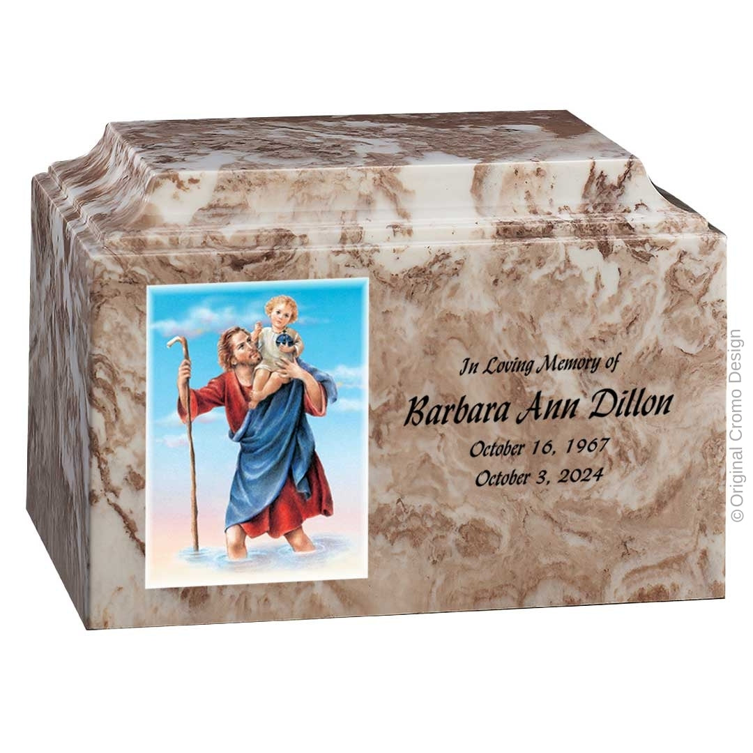 Catholic cremation urn with Saint Christopher Wood finish by Cromo NB