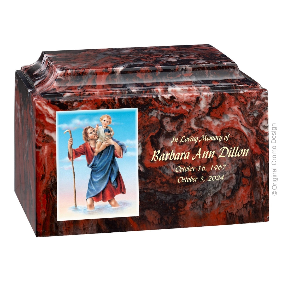 Catholic cremation urn with Saint Christopher Wood finish by Cromo NB