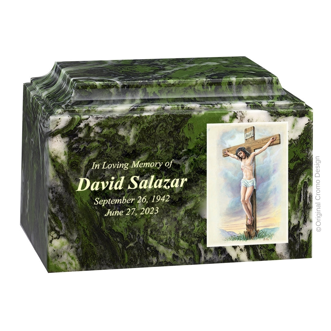 Catholic cremation urn with Crucifixion Wood finish by Cromo NB