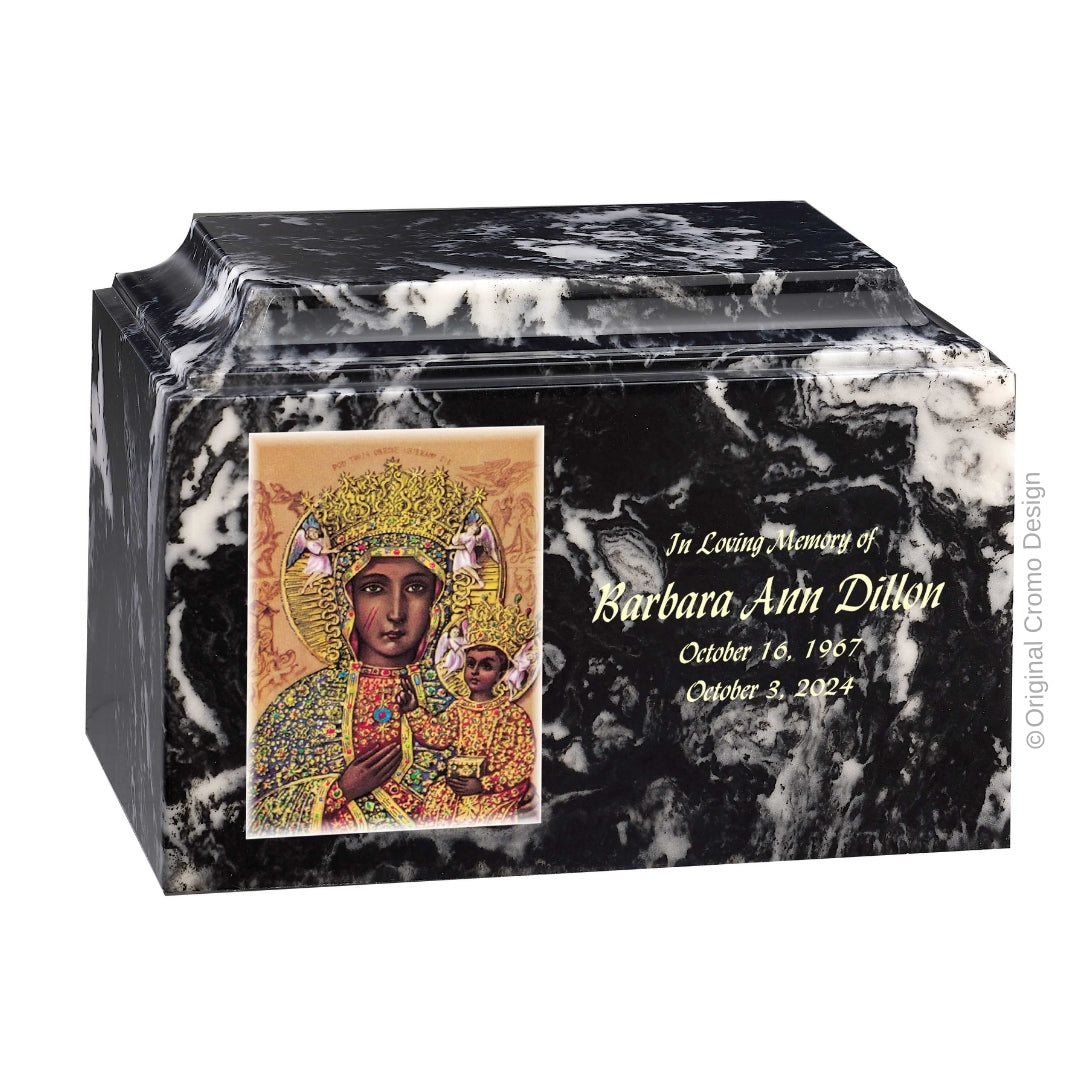 Catholic cremation urn with Our Lady of Czetechowa Wood finish by Cromo NB