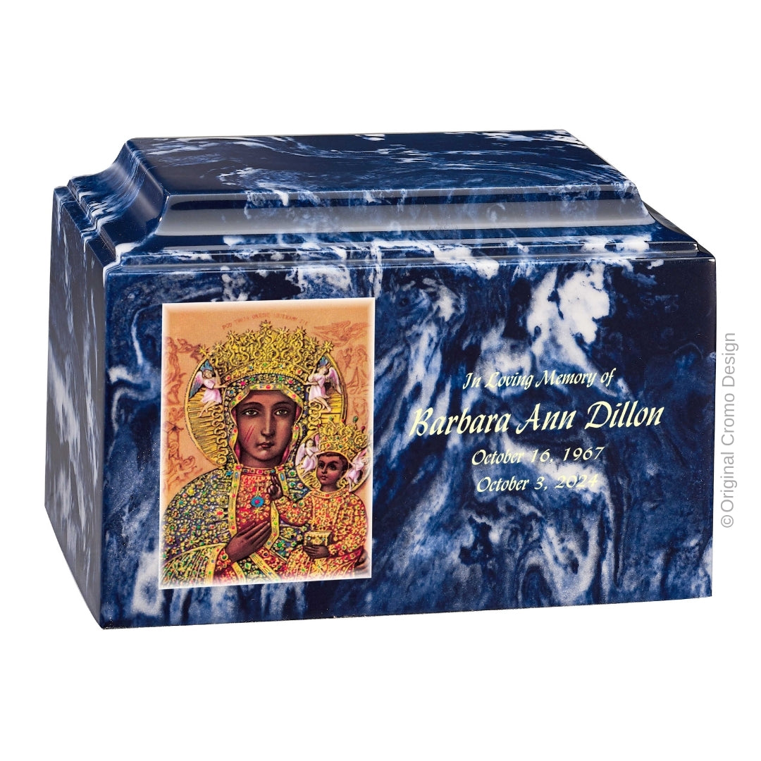 Catholic cremation urn with Our Lady of Czetechowa Wood finish by Cromo NB