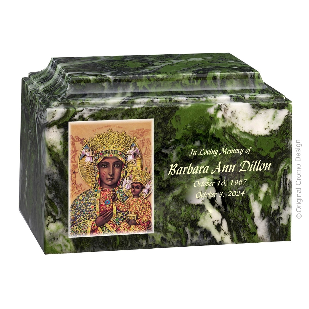 Catholic cremation urn with Our Lady of Czetechowa Wood finish by Cromo NB
