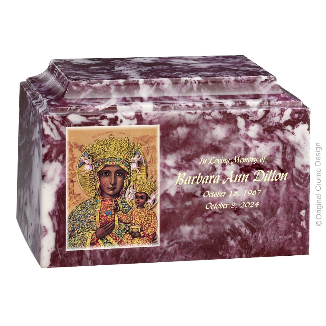 Catholic cremation urn with Our Lady of Czetechowa Wood finish by Cromo NB