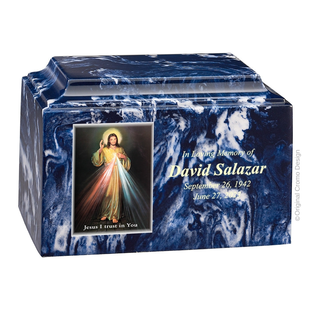 Catholic cremation urn with Divine Mercy English Wood finish by Cromo NB