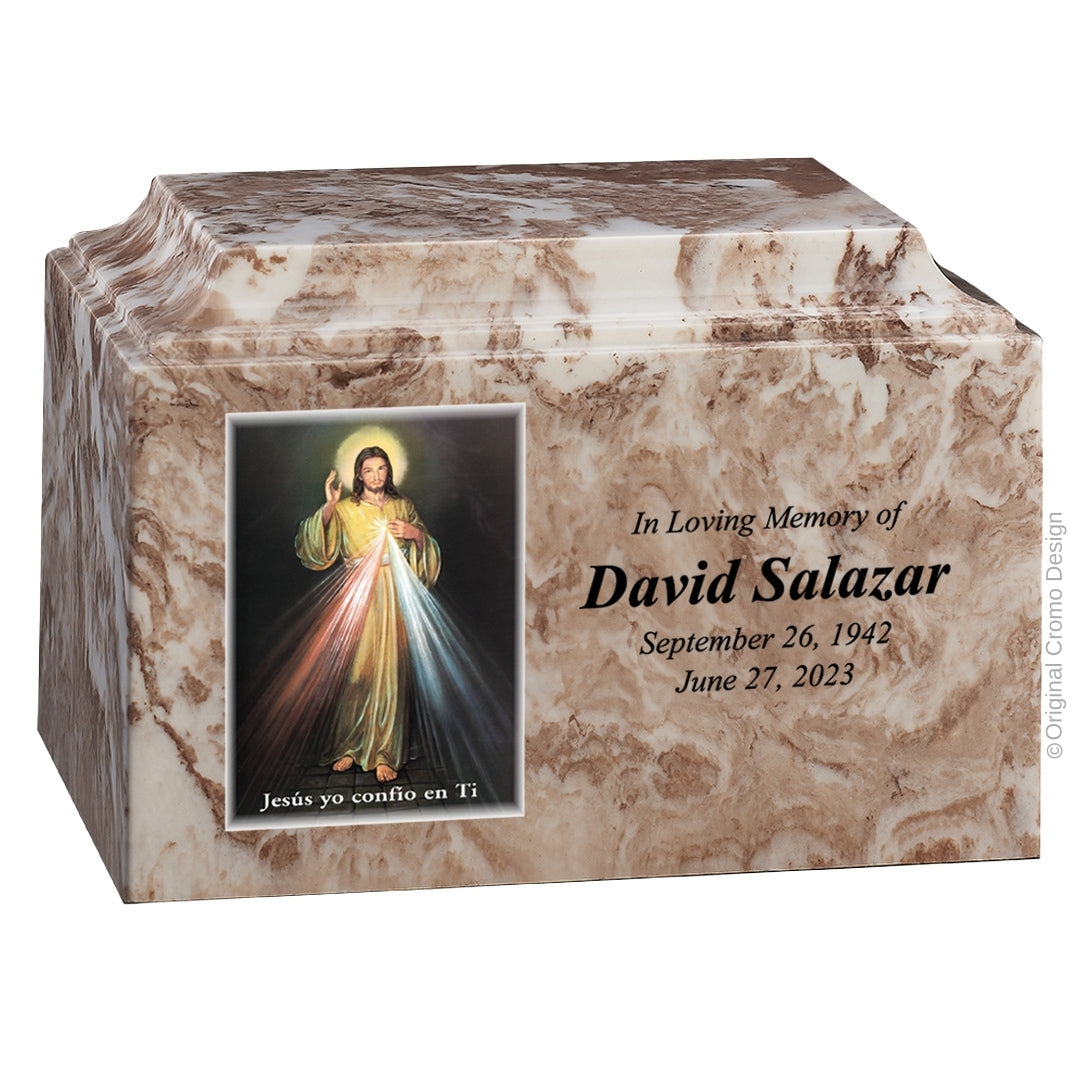 Catholic cremation urn with Divine Mercy Spanish Wood finish by Cromo NB