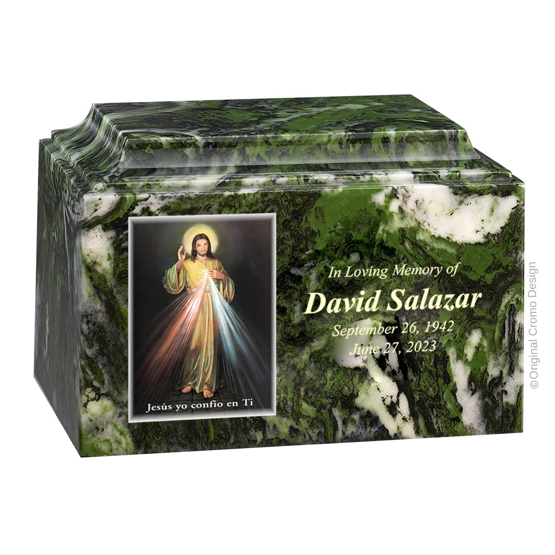 Catholic cremation urn with Divine Mercy Spanish Wood finish by Cromo NB