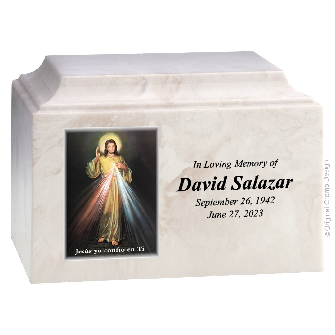 Catholic cremation urn with Divine Mercy Spanish Wood finish by Cromo NB