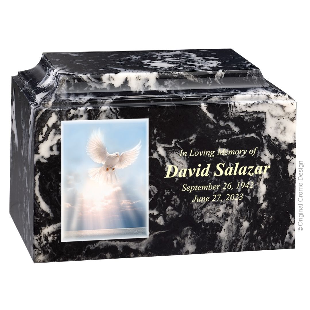 Catholic cremation urn with White Dove Wood finish by Cromo NB