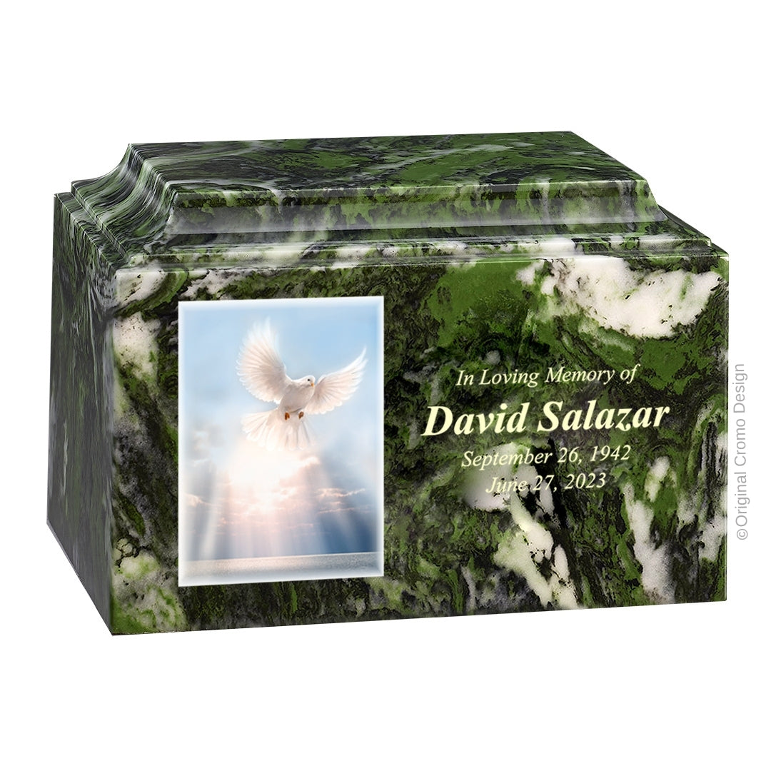 Catholic cremation urn with White Dove Wood finish by Cromo NB