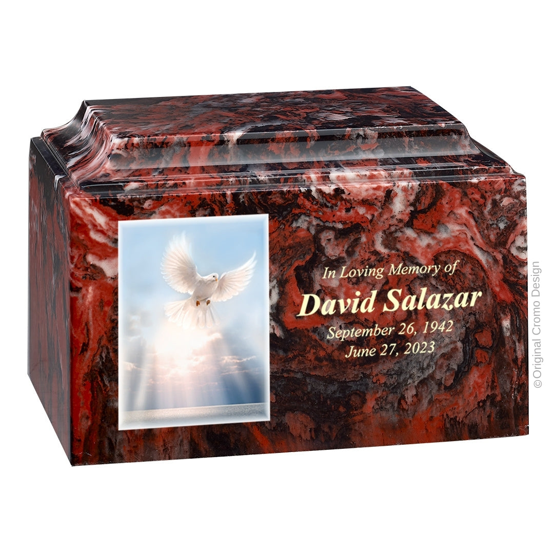 Catholic cremation urn with White Dove Wood finish by Cromo NB