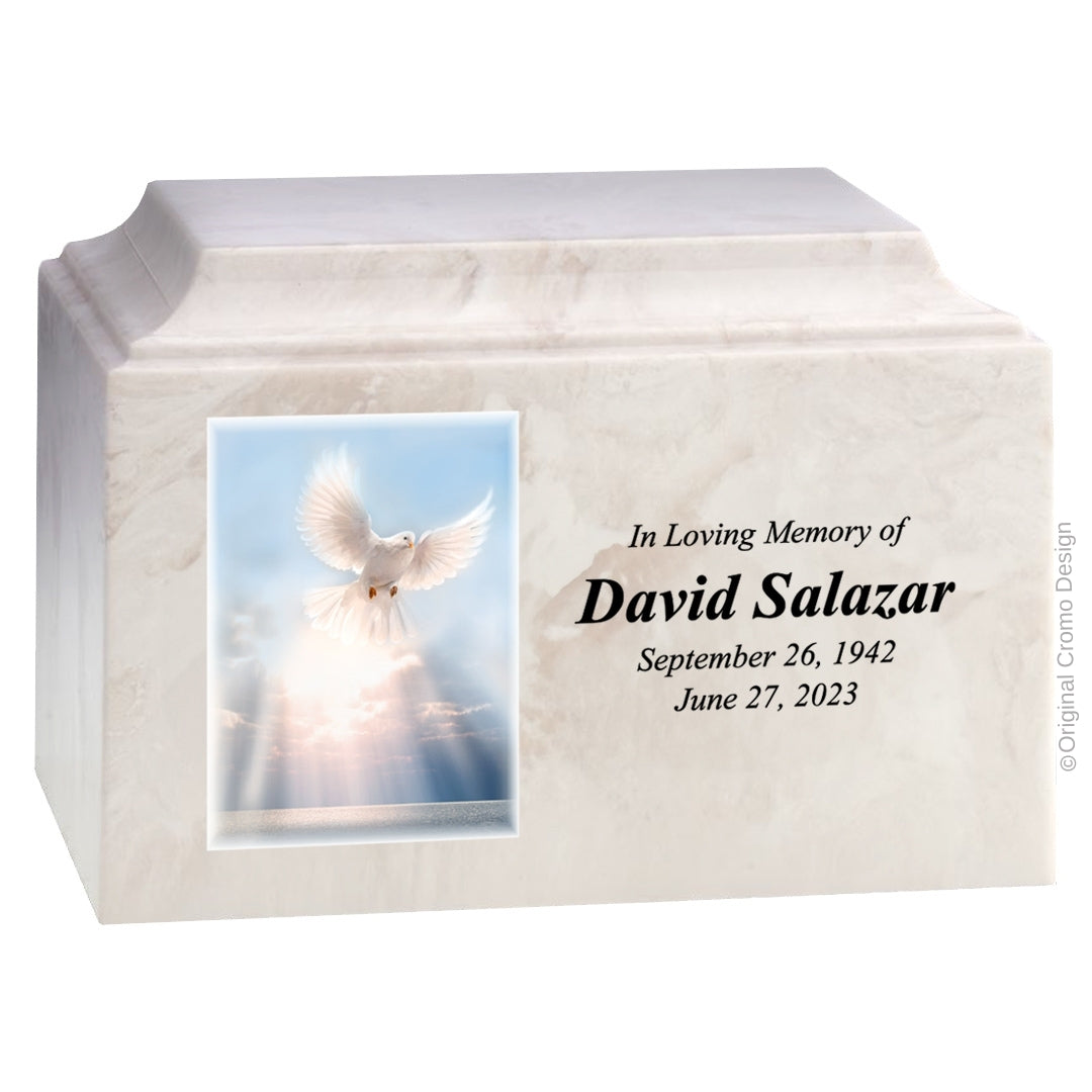 Catholic cremation urn with White Dove Wood finish by Cromo NB