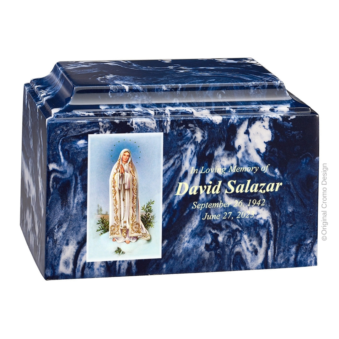 Catholic cremation urn with White Dove Wood finish by Cromo NB