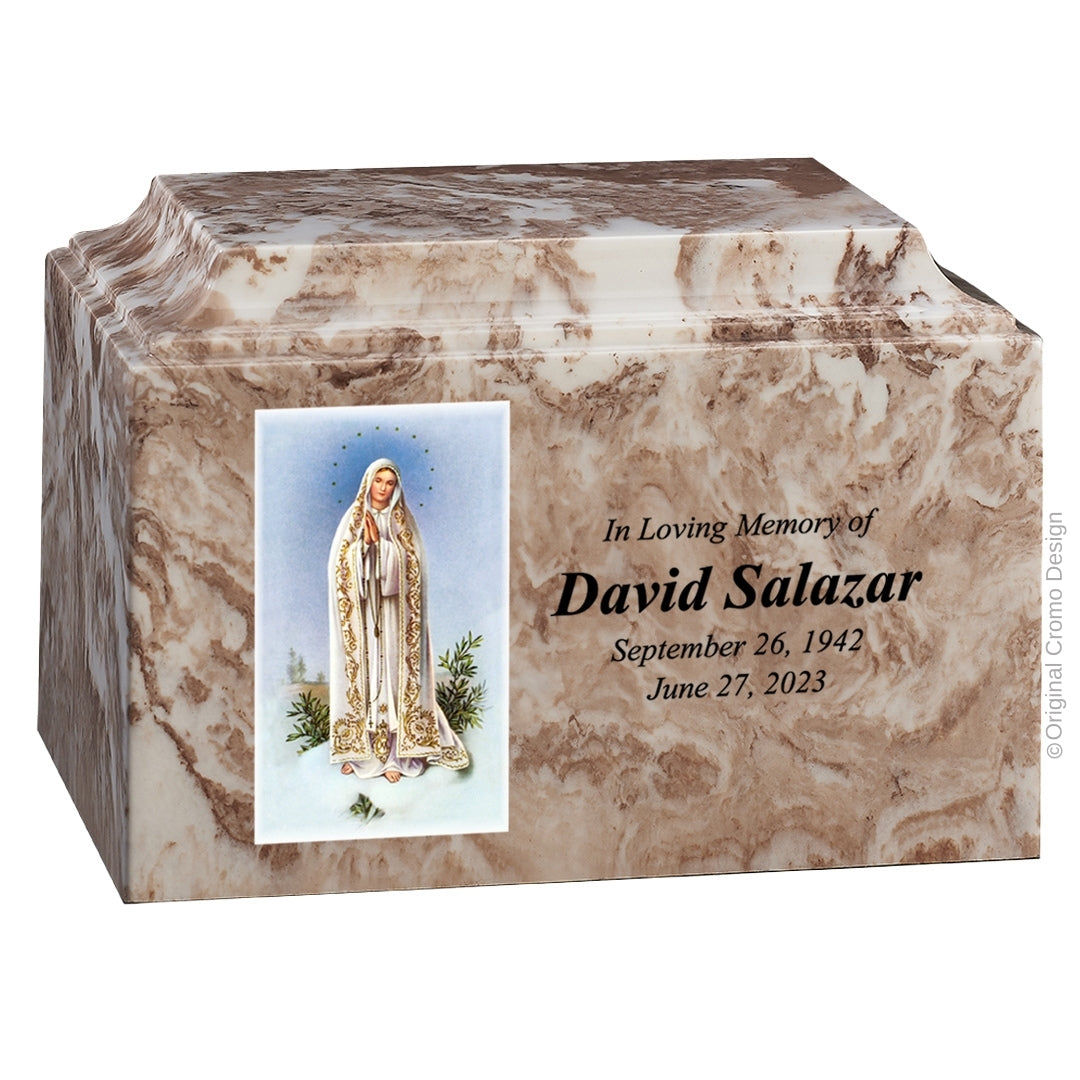 Catholic cremation urn with Our Lady of Fatima Wood finish by Cromo NB