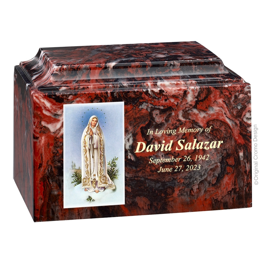 Catholic cremation urn with Our Lady of Fatima Wood finish by Cromo NB