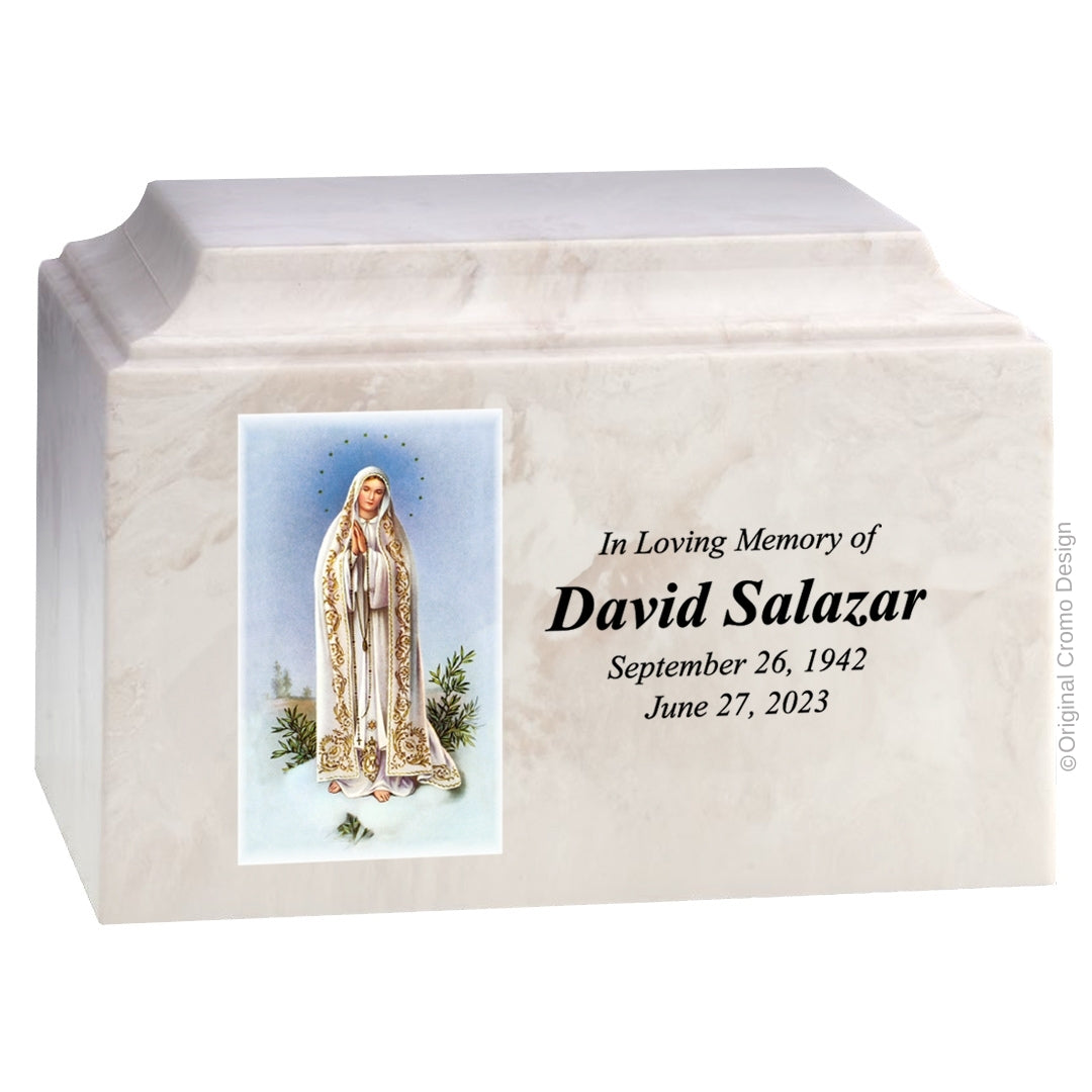 Catholic cremation urn with Our Lady of Fatima Wood finish by Cromo NB